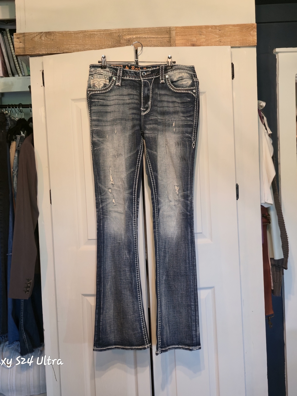 Rock Revival Faded Distressed Flared Jeans | Dark Blue Size 29 - Picture 10 of 11